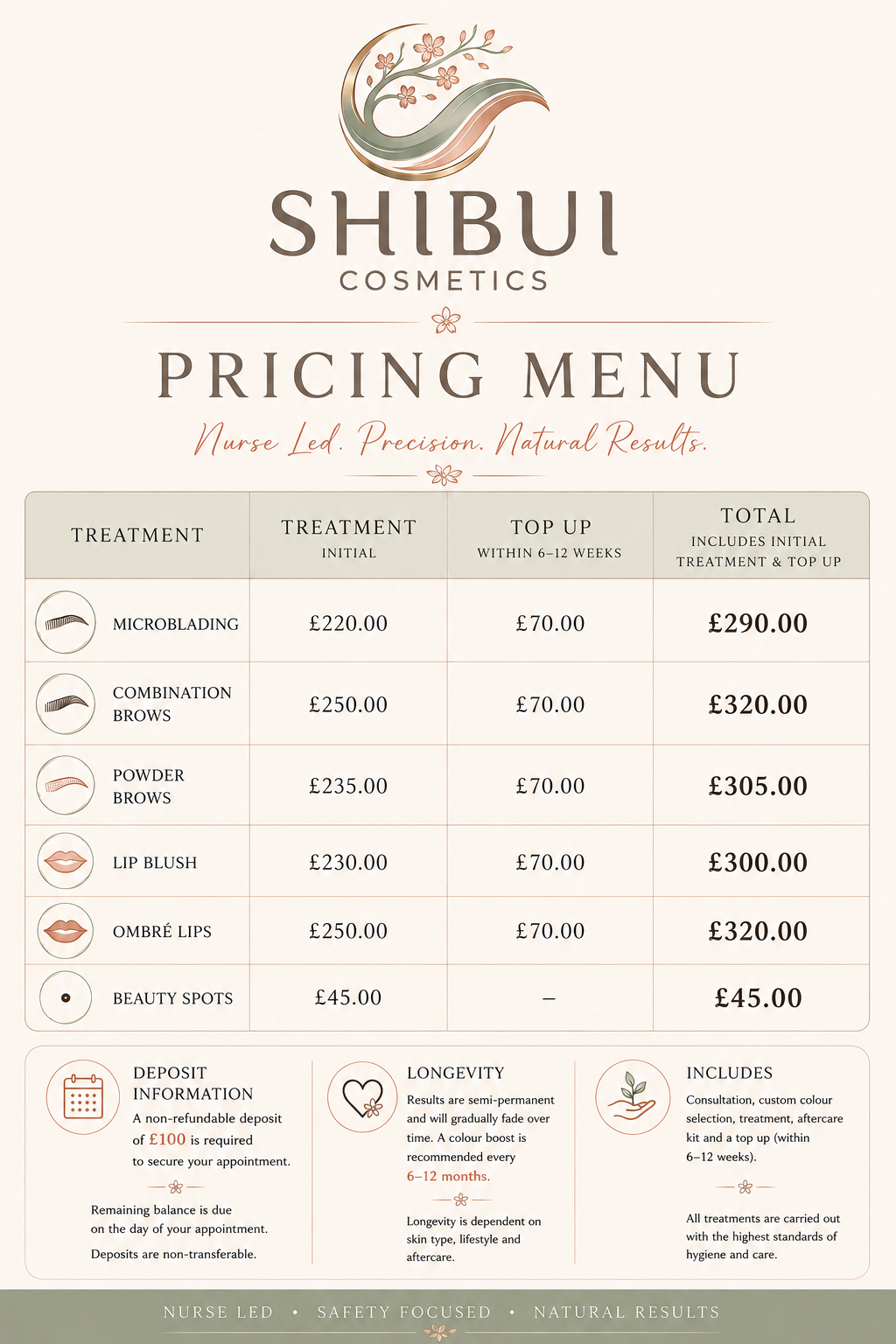 Shibui Cosmetics pricing menu showing treatment and top up costs